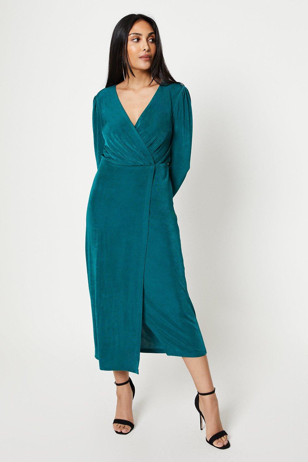 Миниатюрное текстурированное платье миди с запахом и трикотажем Wallis, зеленый