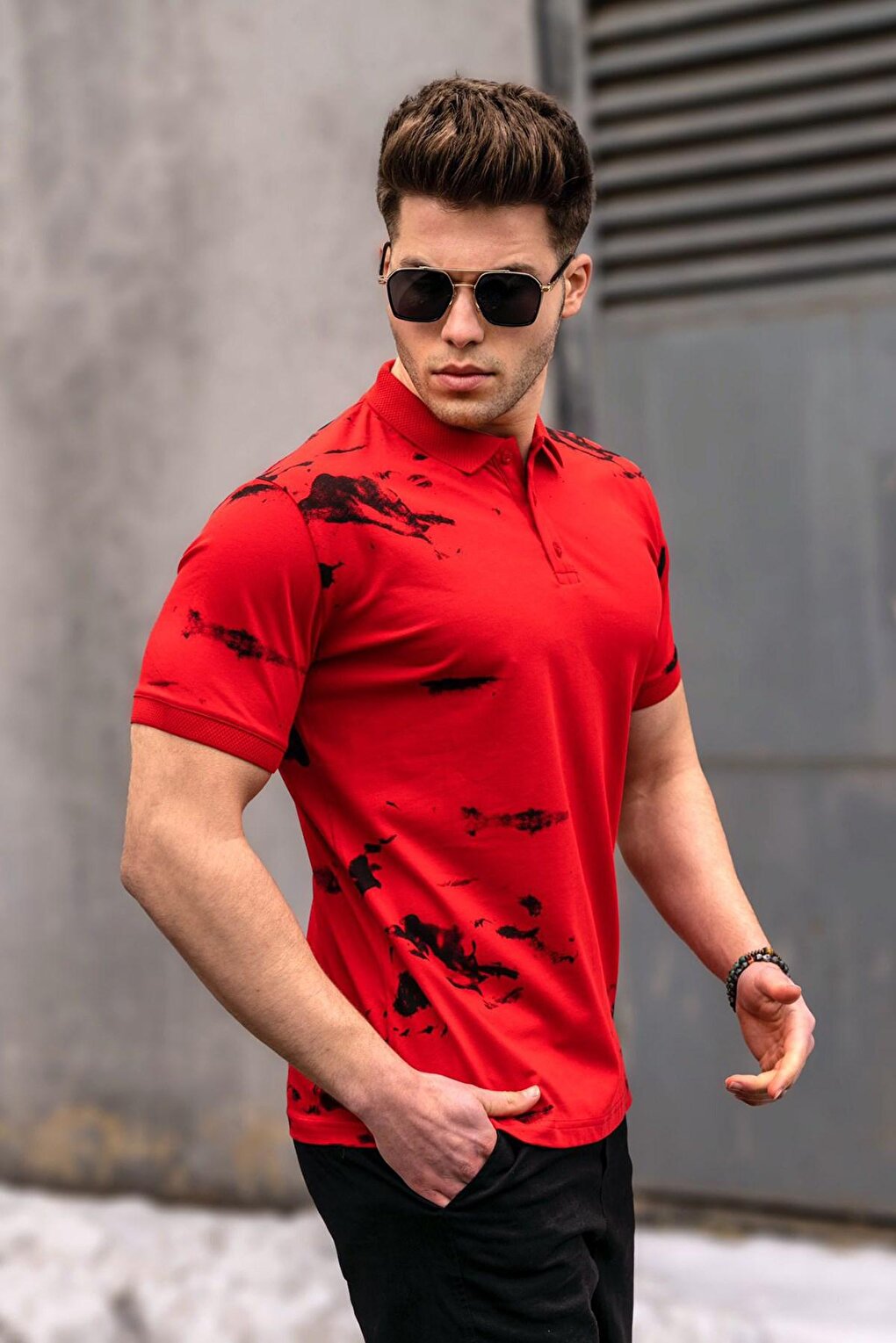 Красная мужская футболка с воротником-поло с рисунком MADMEXT