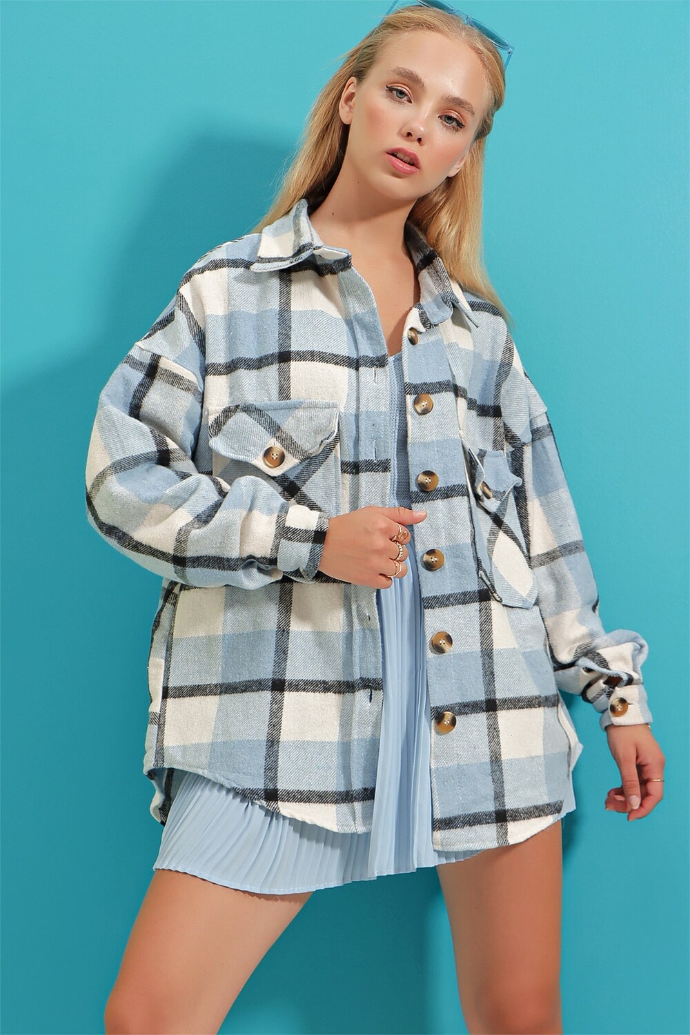 

Рубашка - Синяя - Oversize Trend Alaçatı Stili, синий