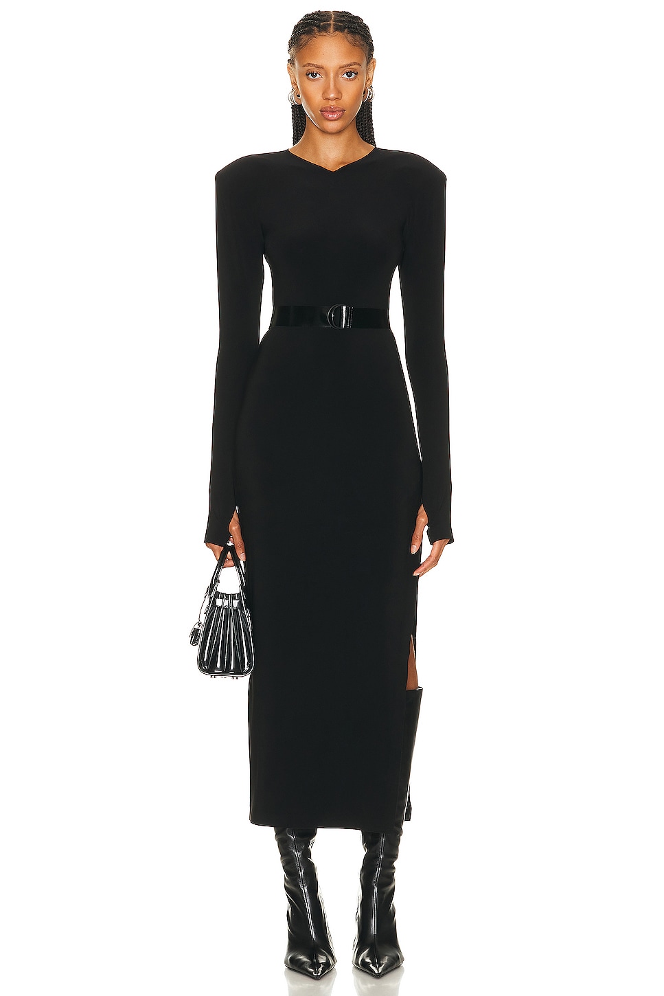 Платье Norma Kamali Long Sleeve Shoulder Pad Side Slit Gown, черный