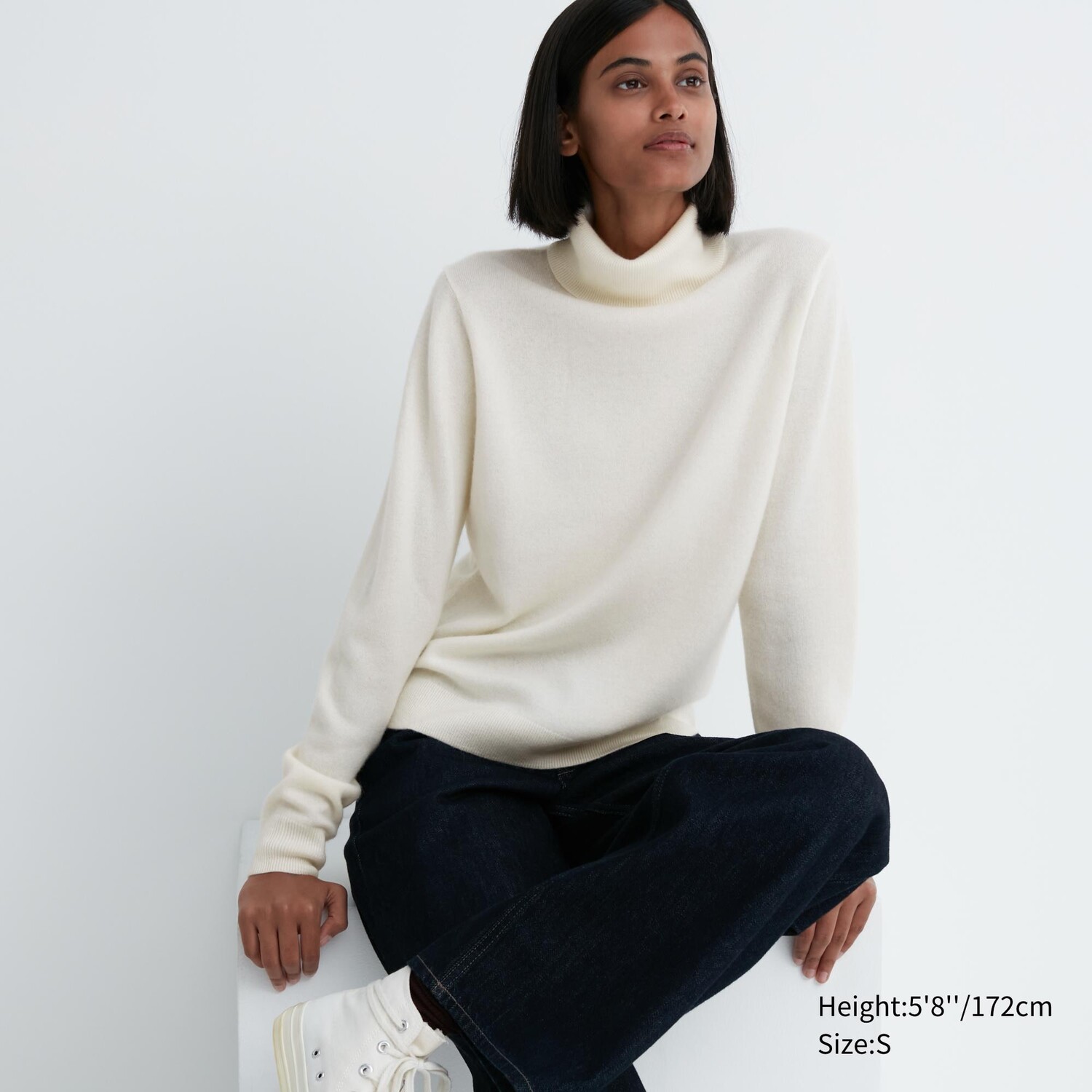 

Свитер Uniqlo женский из кашемира с высоким воротом, слоновая кость, Бежевый