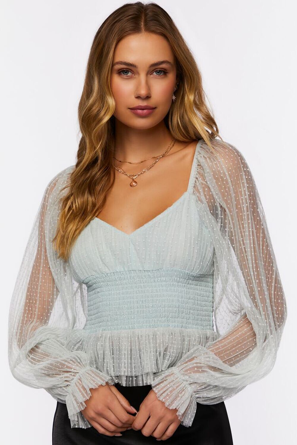 

Топ с длинными рукавами и сетчатым зажимом в горошек Forever 21