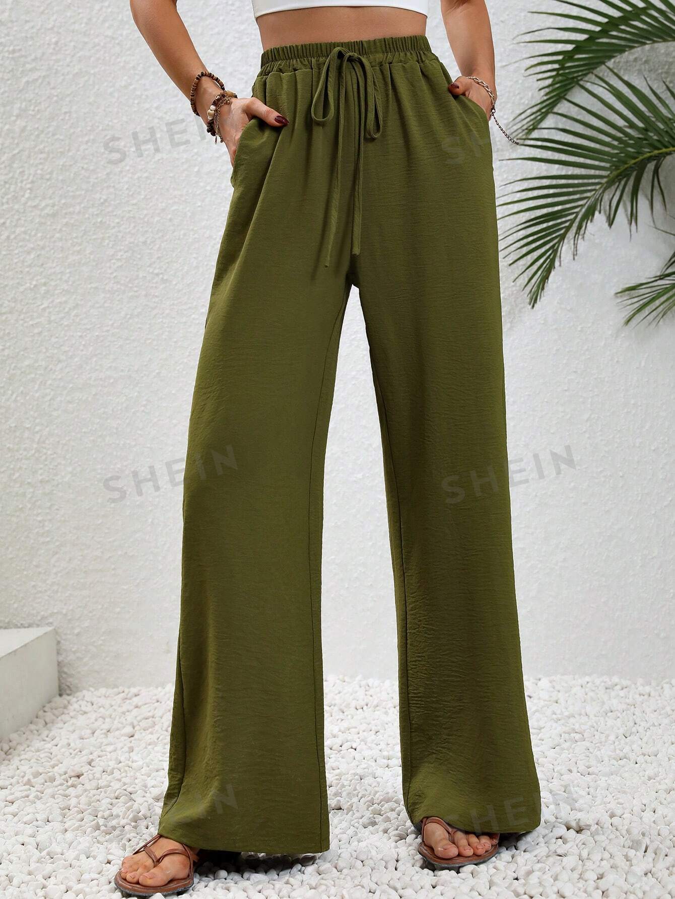 цена SHEIN LUNE женские однотонные длинные брюки с завышенной талией и завязками на талии и карманами, армейский зеленый