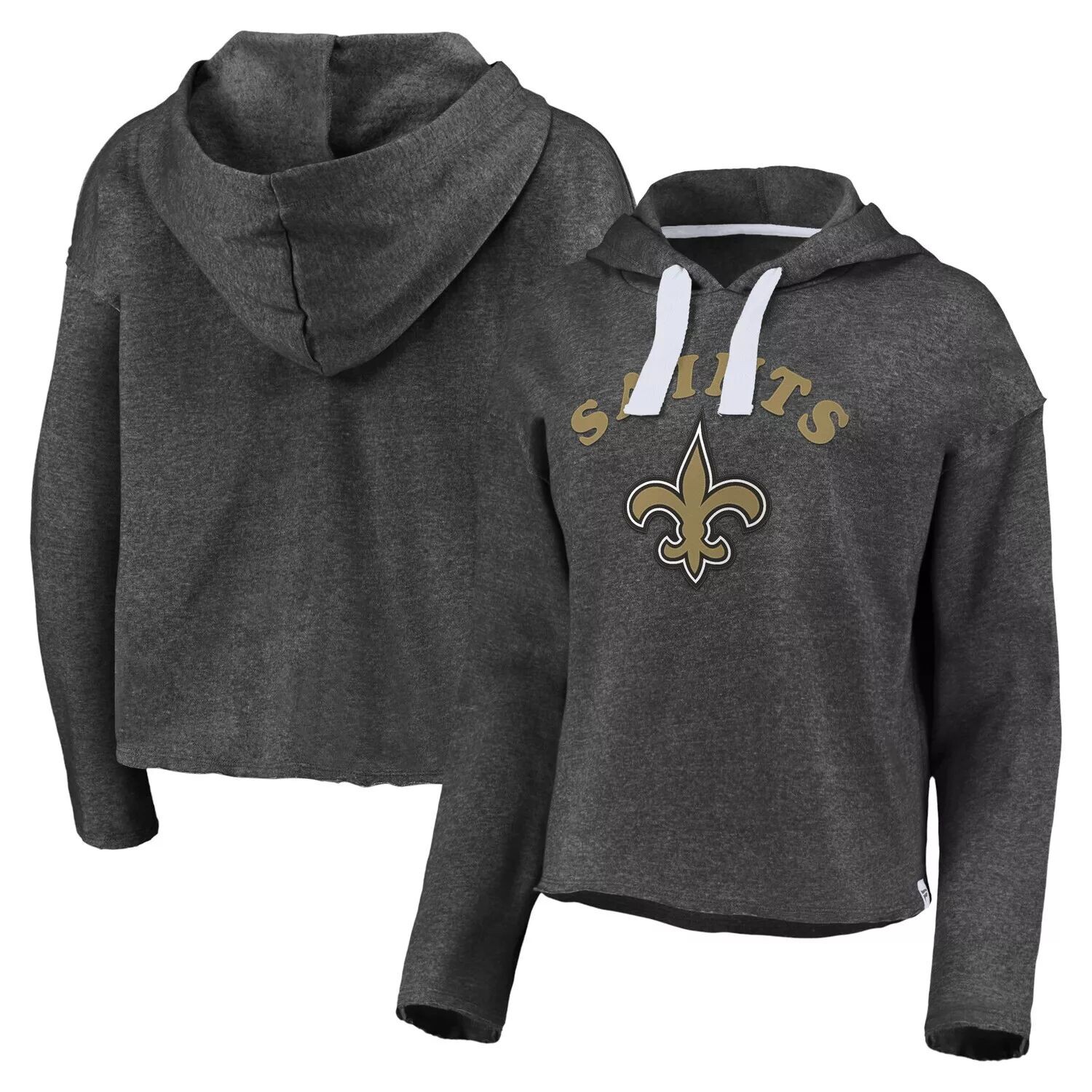 

Женская толстовка с капюшоном Fanatics из меланжевого цвета с древесным углем New Orleans Saints с историческим логотипом Sport Resort, винтажная дуга с укороченным пуловером с необработанными краями Fanatics