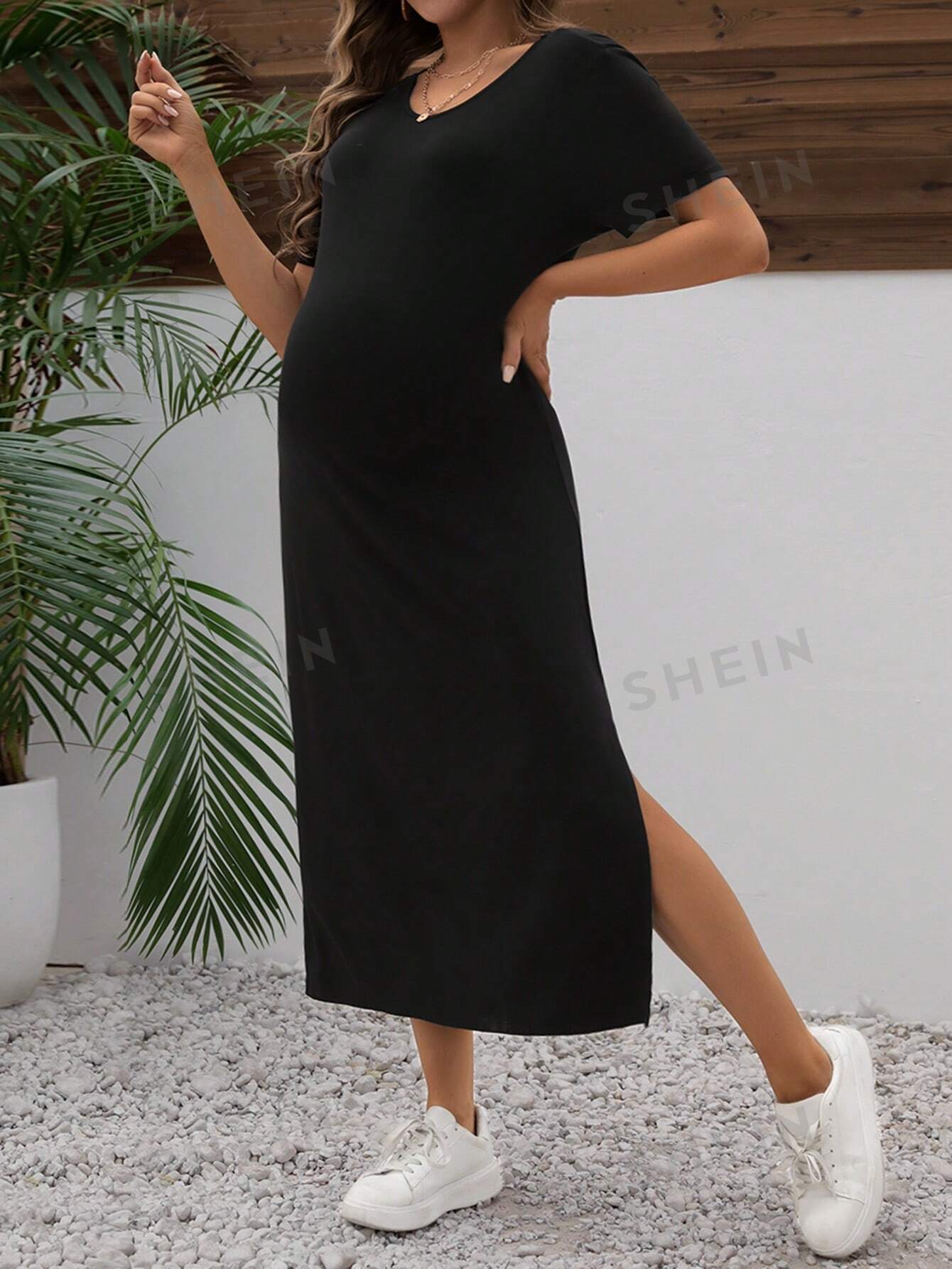 SHEIN однотонное повседневное платье для беременных с v-образным вырезом и короткими рукавами и разрезом по краю, черный