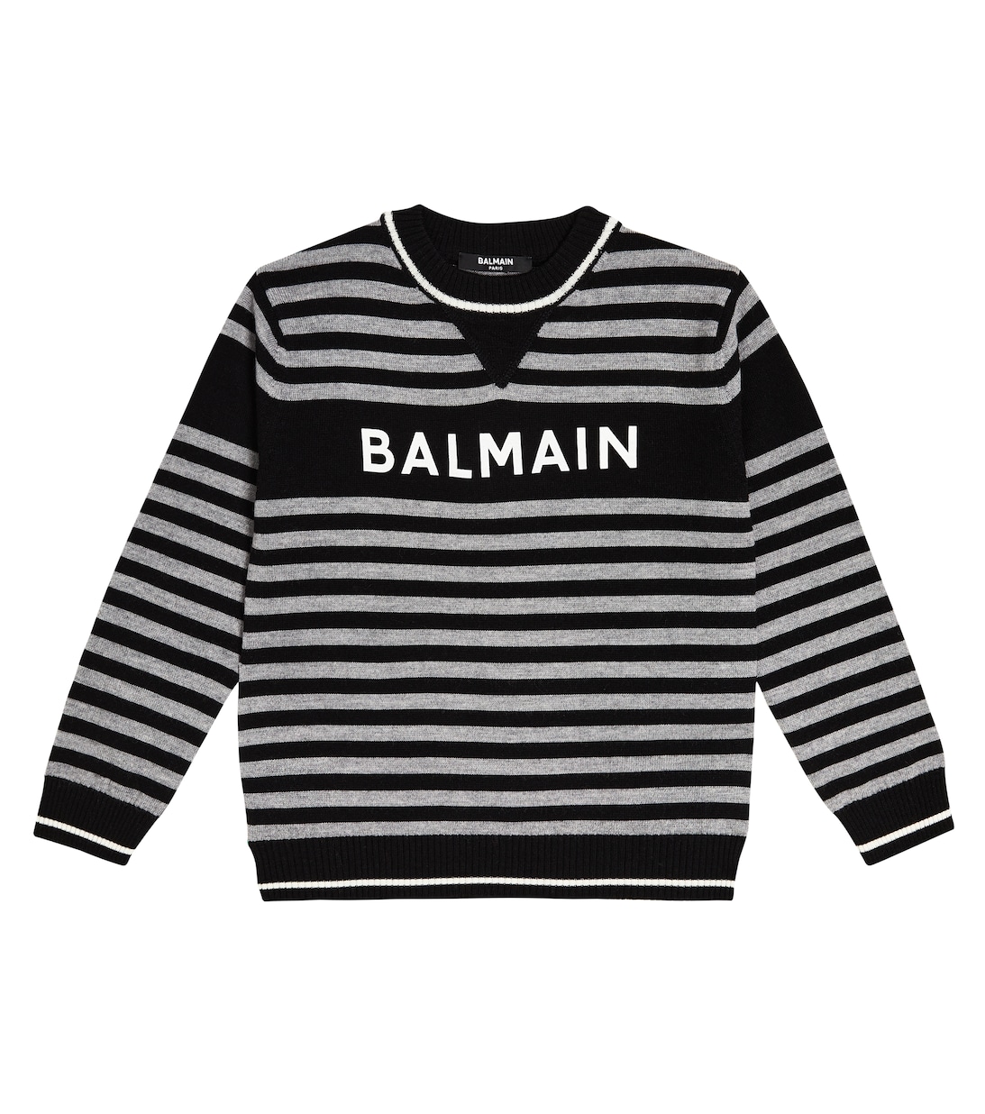 Полосатый шерстяной свитер с логотипом Balmain, серый