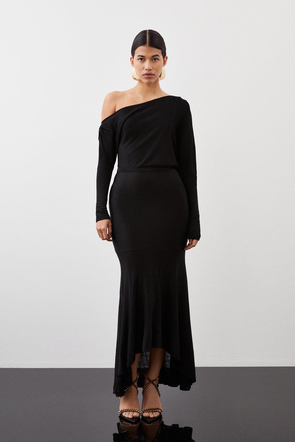 цена Облегающее вязаное платье мидакси с открытыми плечами и низким вырезом из вискозы Karen Millen, черный
