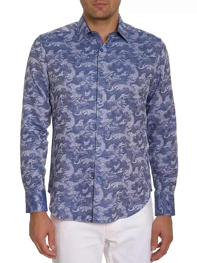 

Рубашка классического кроя из жаккарда из льна и хлопка Wave You Robert Graham, синий