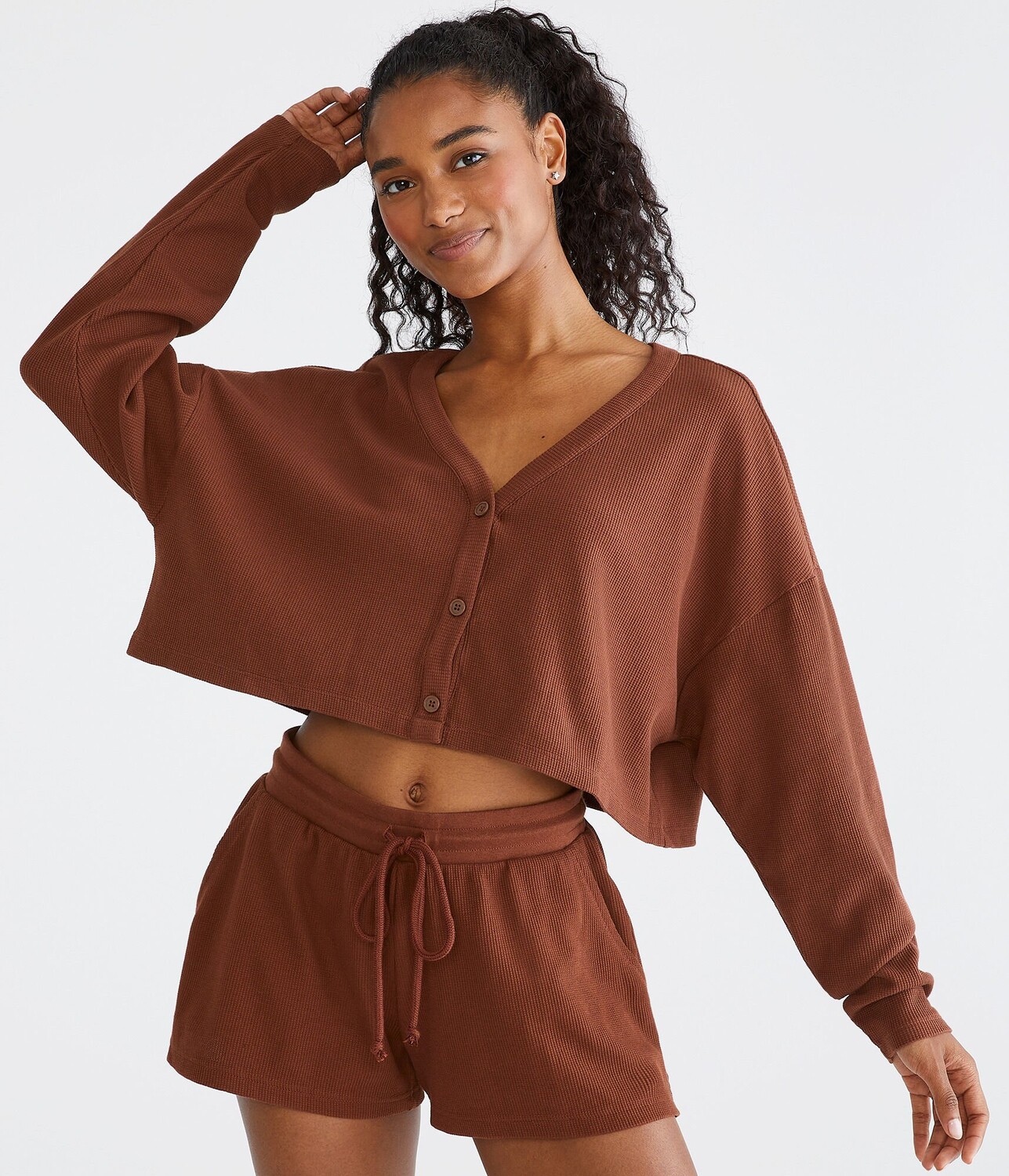 

Укороченный кардиган для сна вафельной вязки Aeropostale, коричневый