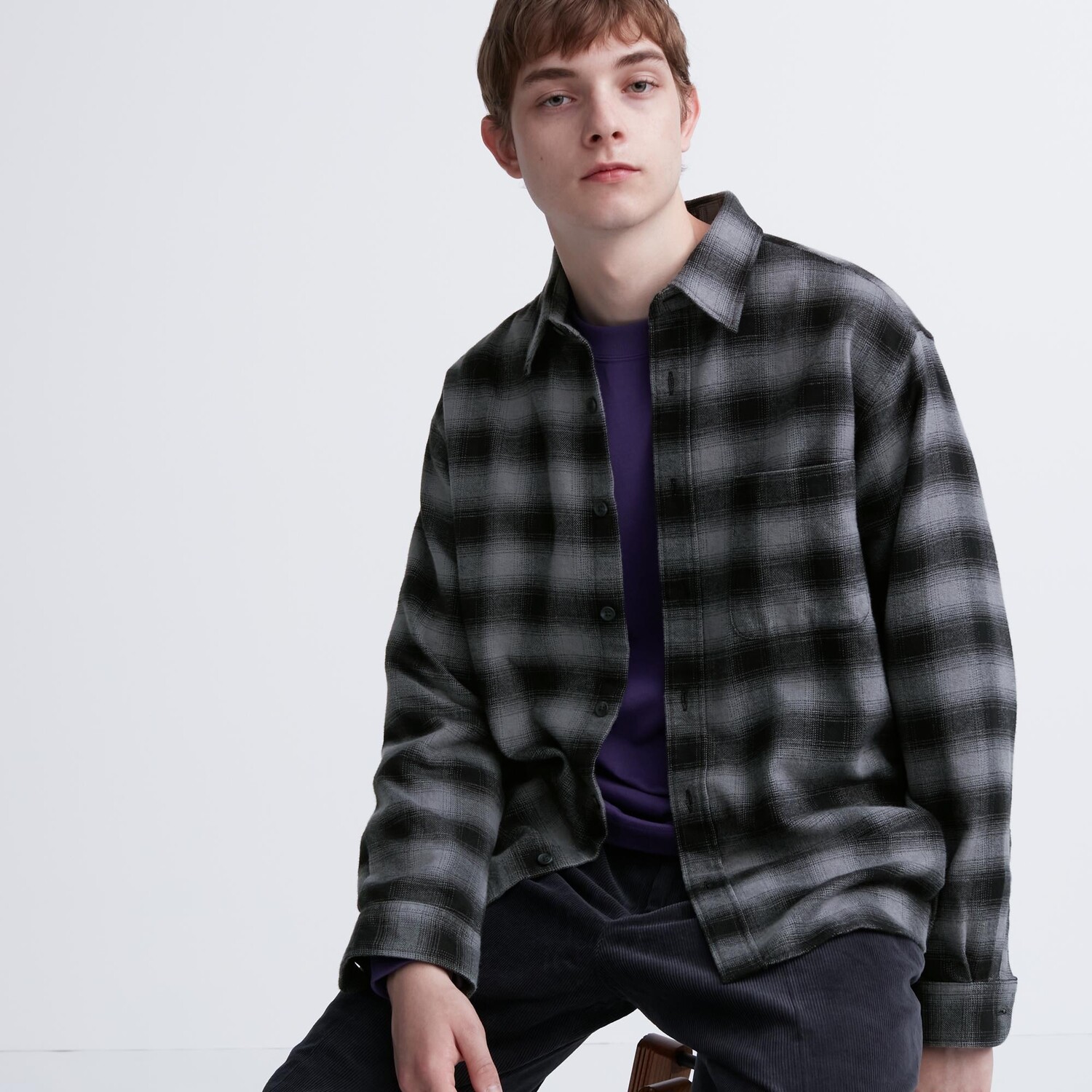 

Фланелевая рубашка в клетку с длинным рукавом Uniqlo, серый