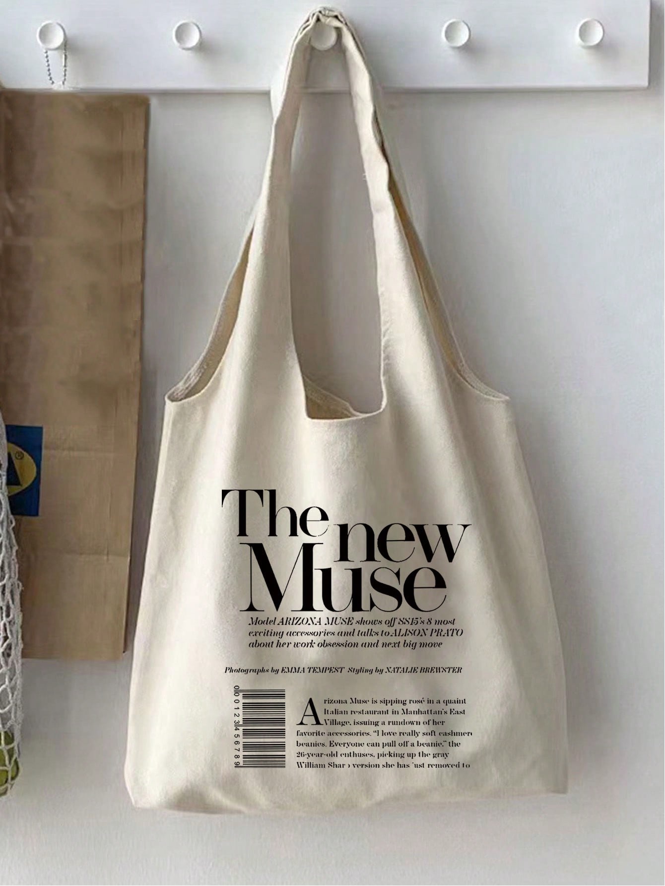 1 шт. молочно-белая женская холщовая сумка-тоут с принтом «Новая Муза», бежевый холщовая сумка цветочная азбука н молочно белая