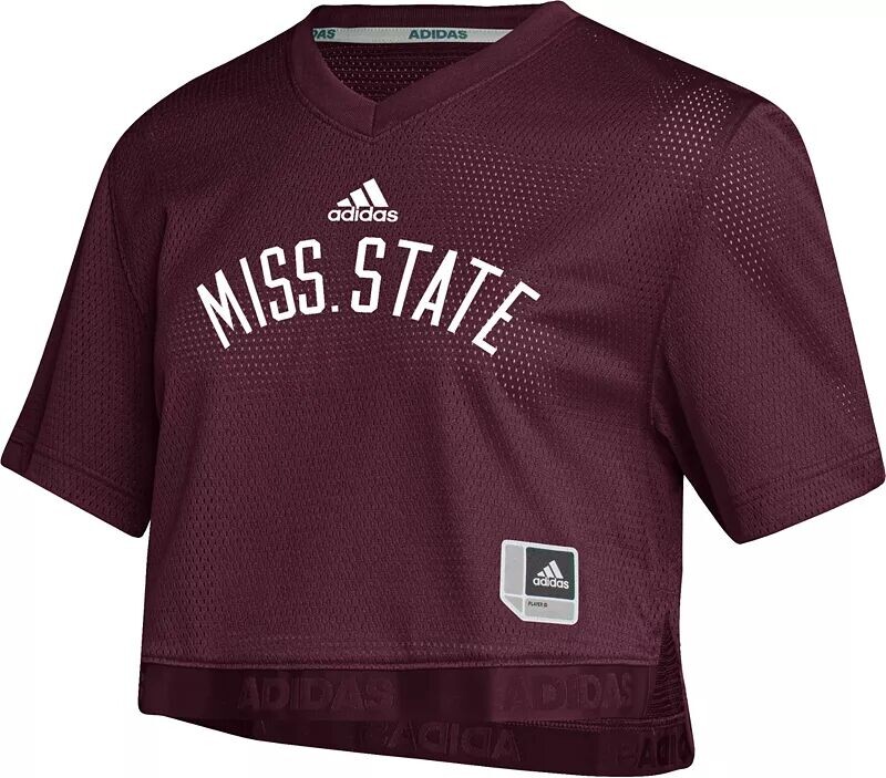 

Женская темно-бордовая укороченная футбольная майка Adidas Mississippi State Bulldogs