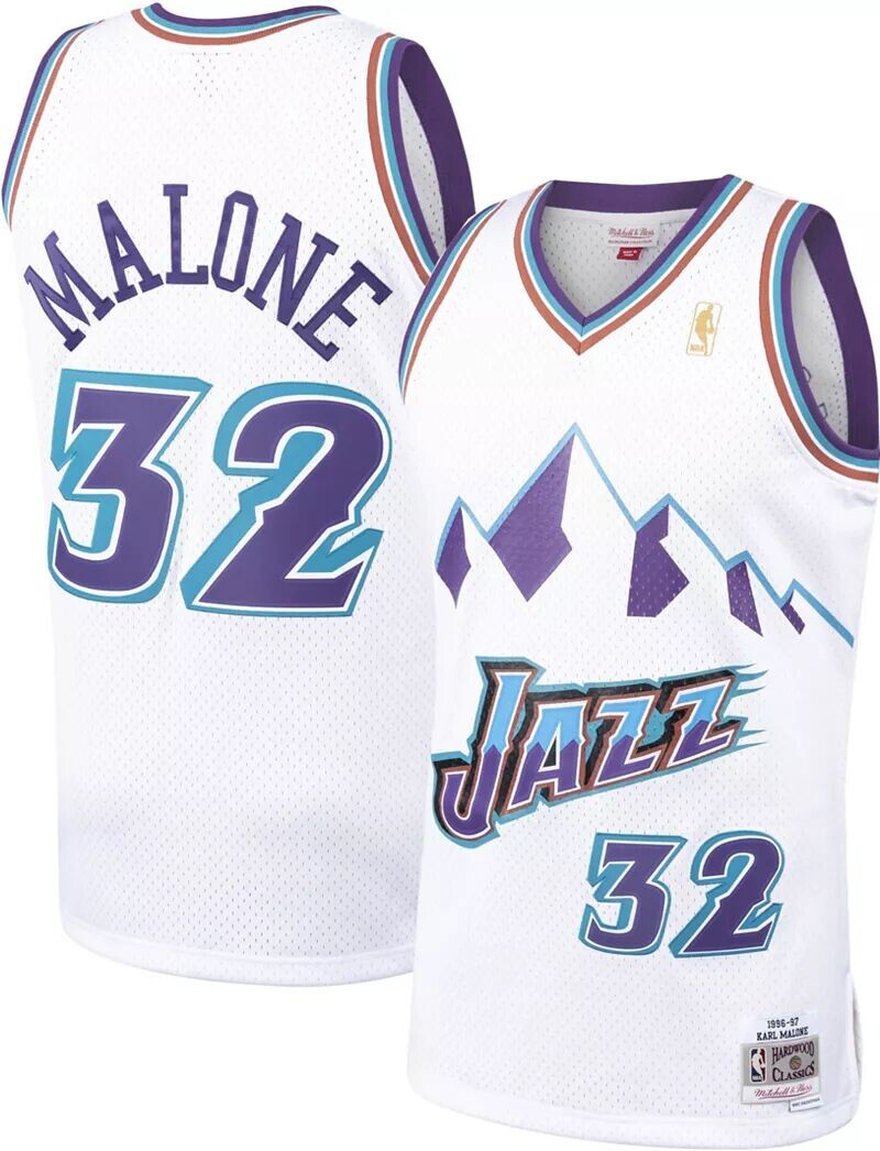 

Мужское джерси Mitchell & Ness Utah Jazz Karl Malone #32, белое классическое джерси из твердой древесины