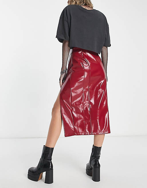 

Красная виниловая юбка миди с разрезами ASOS DESIGN Petite