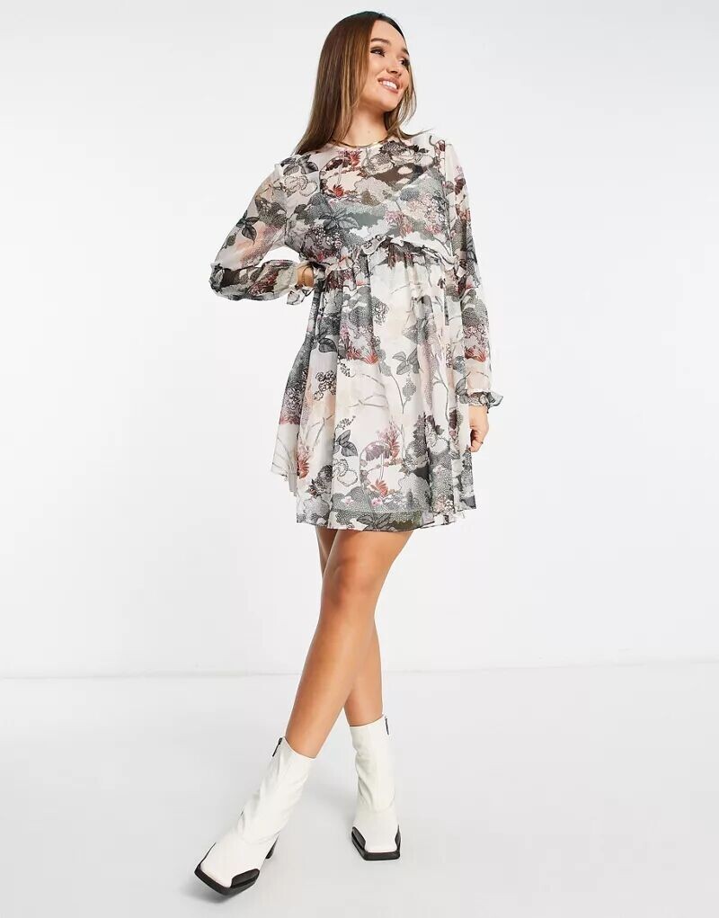 

Платье мини из прозрачной ткани с принтом Ted Baker Remorra цвета слоновой кости
