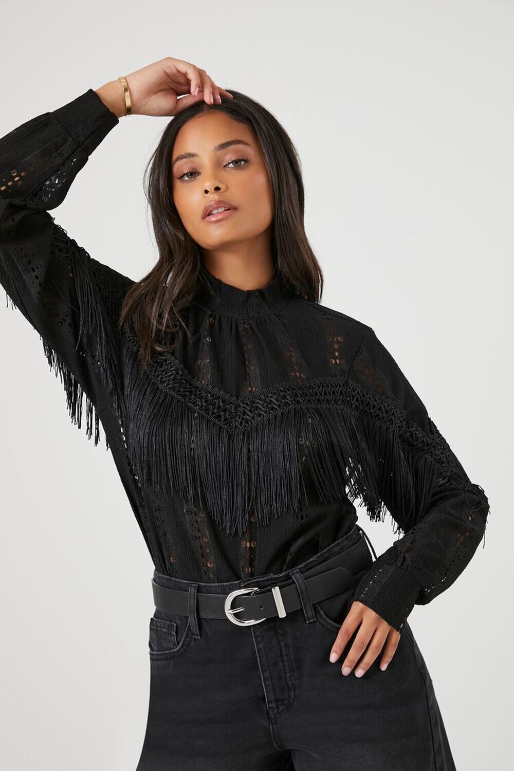 

Боди с кружевной бахромой Forever 21, черный