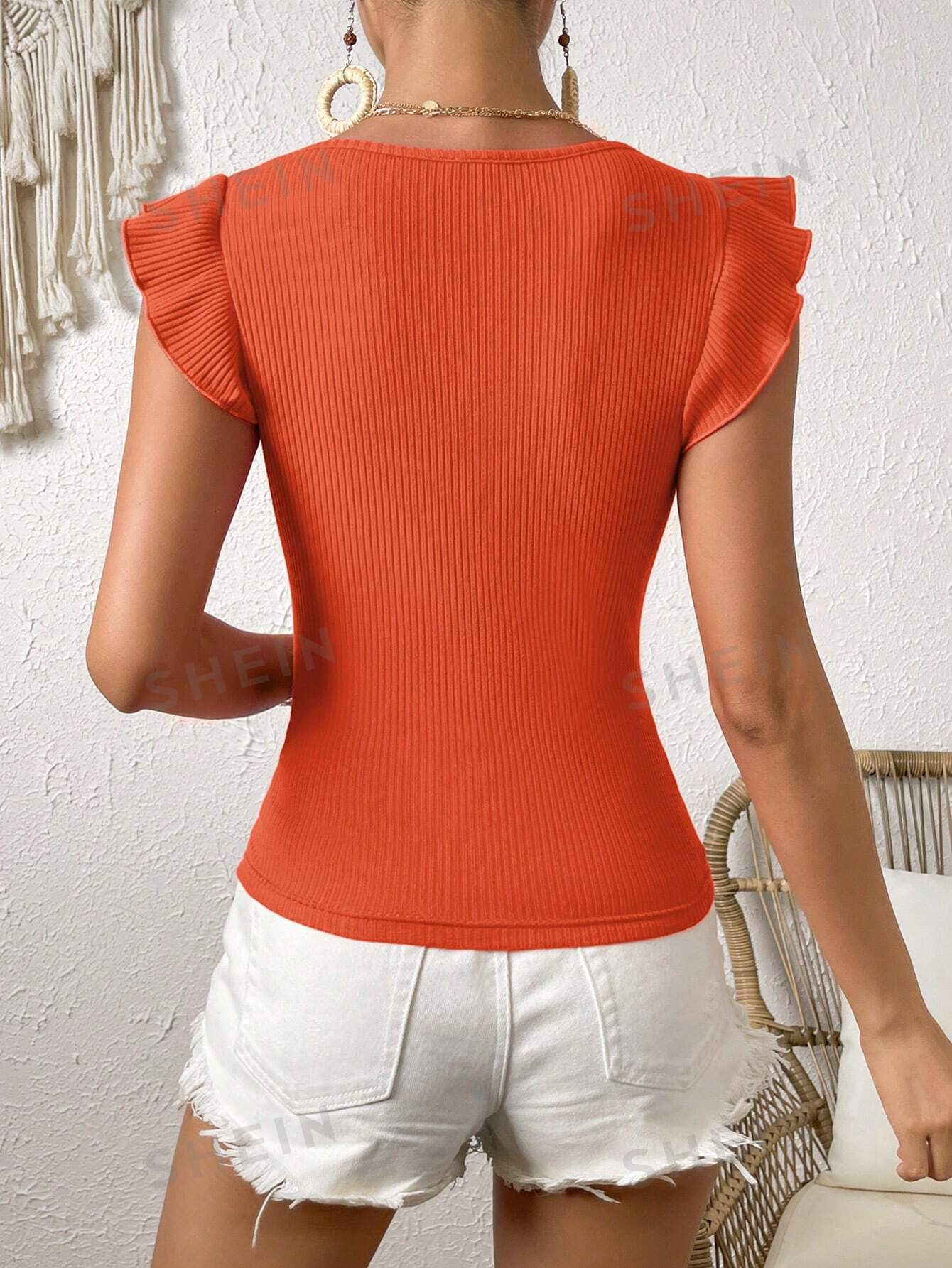 SHEIN VCAY однотонная трикотажная футболка в рубчик с летящими рукавами, апельсин цена и фото