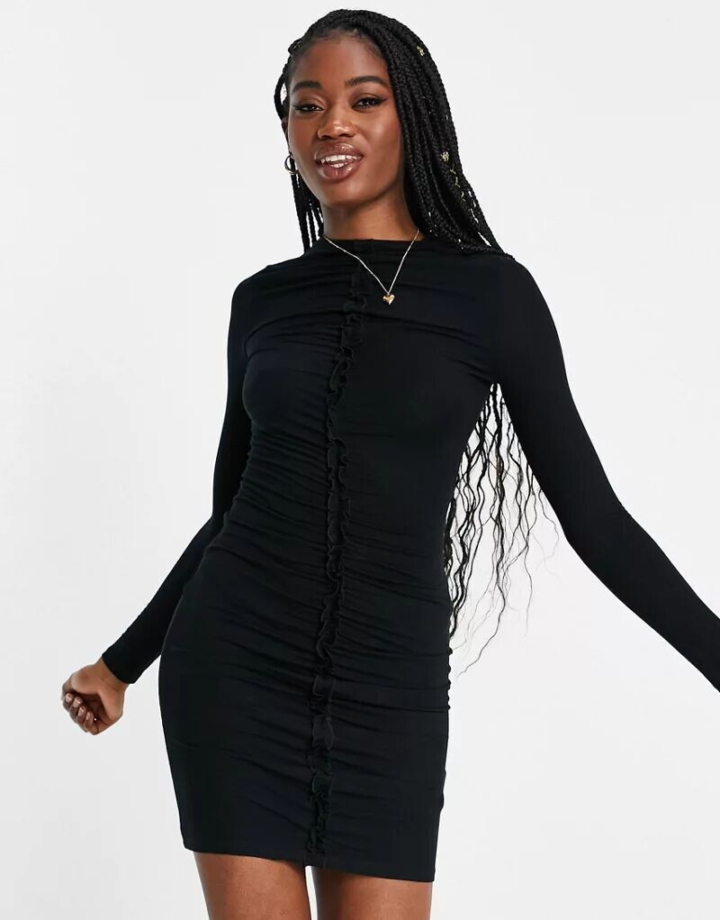 

Черное мини-платье Miss Selfridge со рюшами спереди