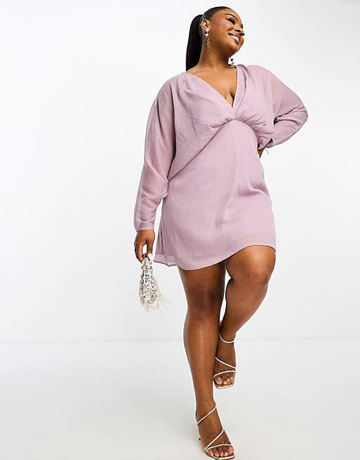 

Эксклюзивное лиловое шифоновое платье мини с рукавами «летучая мышь» ASOS DESIGN Curve, Розовый