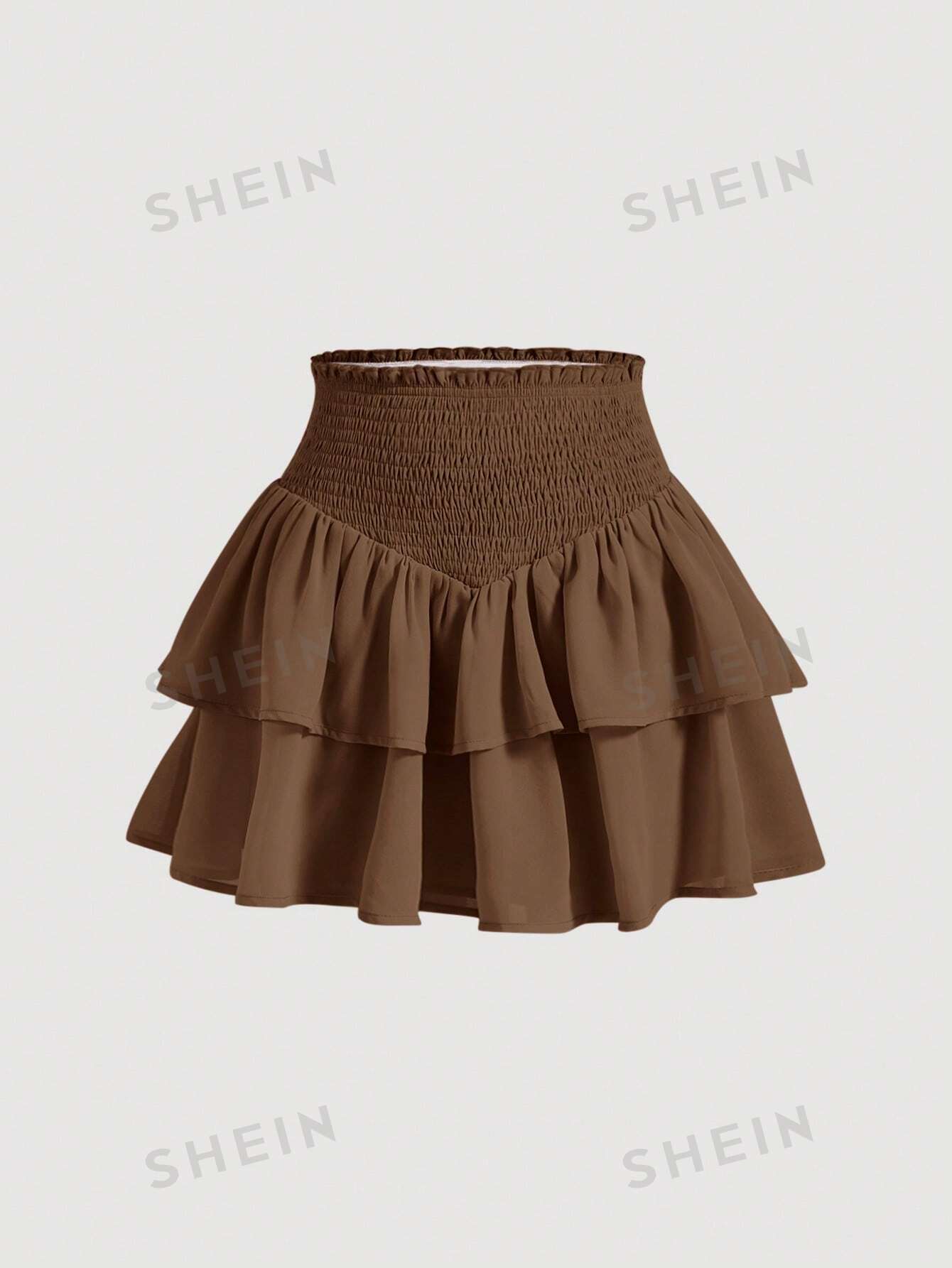 SHEIN MOD SHEIN MOD женская двухслойная мини-юбка с асимметричным подолом и рюшами и присборенной талией, коричневый юбка в стиле харадзюку с завышенной талией летняя повседневная готическая юбка трапеция с асимметричным подолом новая модная одежда для р