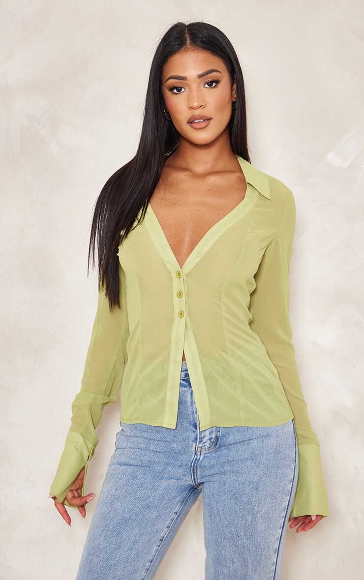 

PrettyLittleThing Высокая блузка с сетчатыми пуговицами спереди салатового цвета