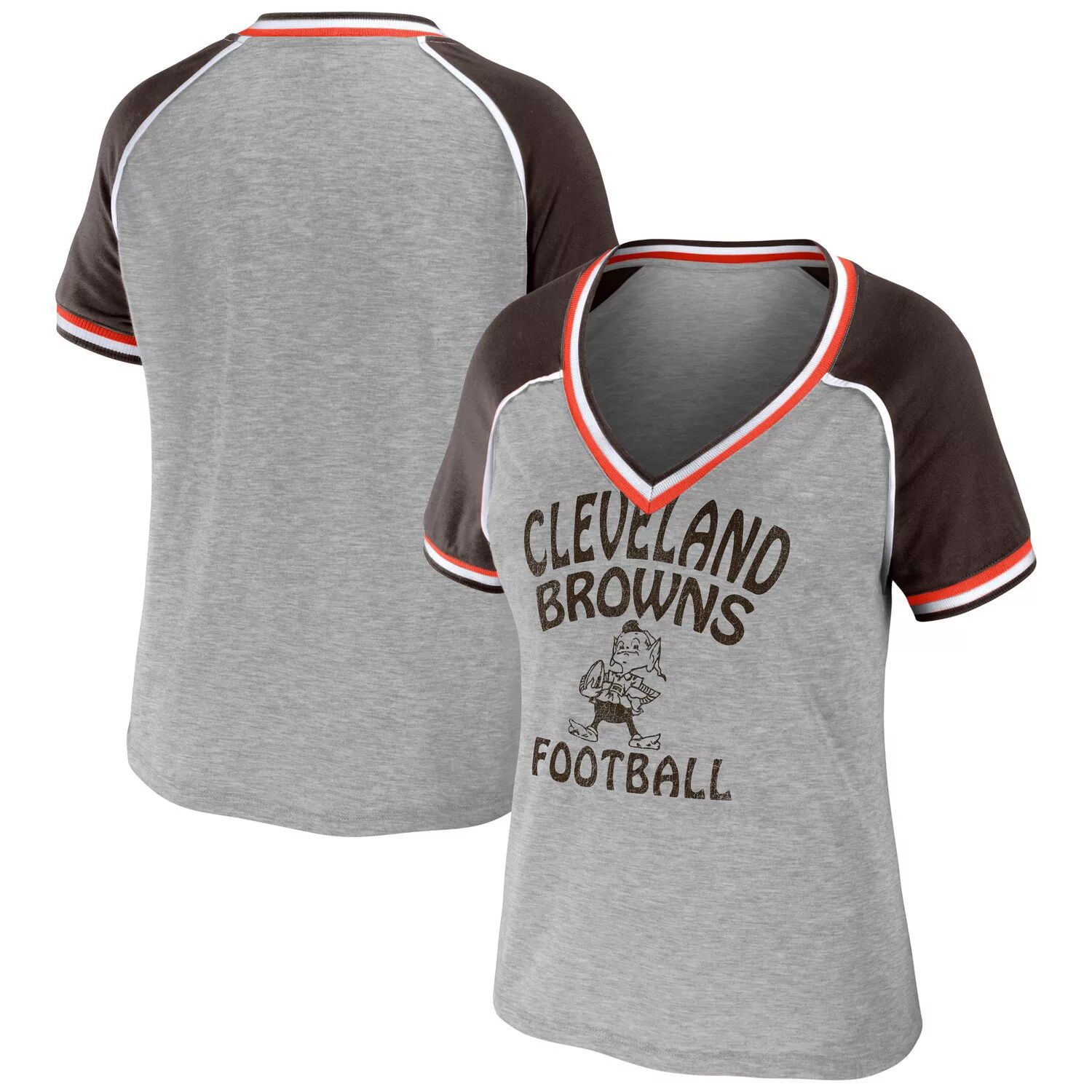 Женская одежда Erin Andrews Хизер Серая футболка Cleveland Browns Throwback реглан с v-образным вырезом