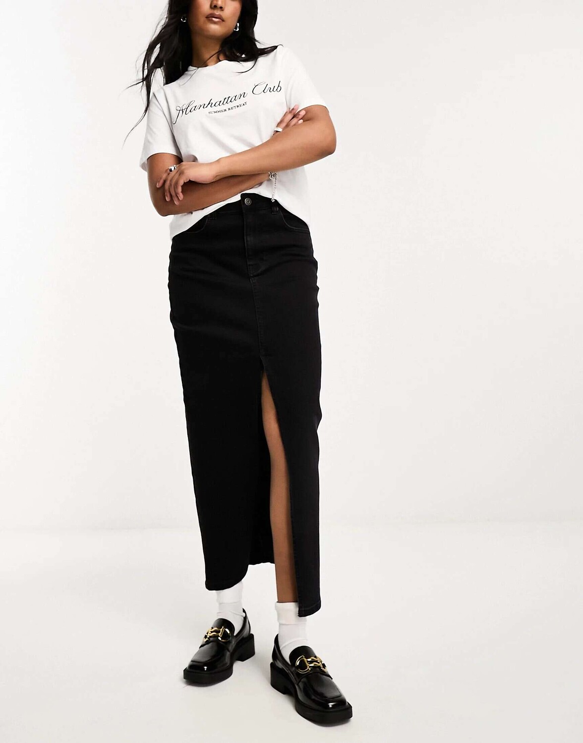 

Черная джинсовая юбка макси с разрезом по низу ASOS