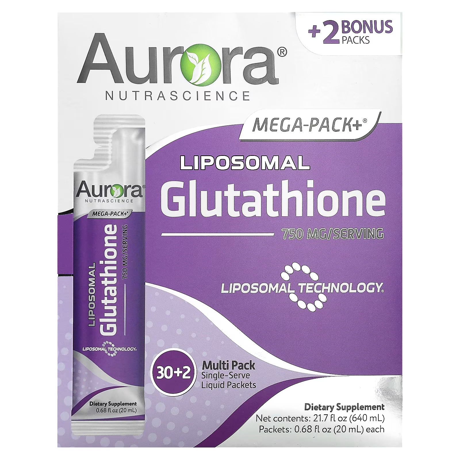 Aurora Nutrascience Mega-Pack+ липосомальный глутатион 750 мг, 32 упаковки по 0,68 жидкой унции (20 мл) каждая