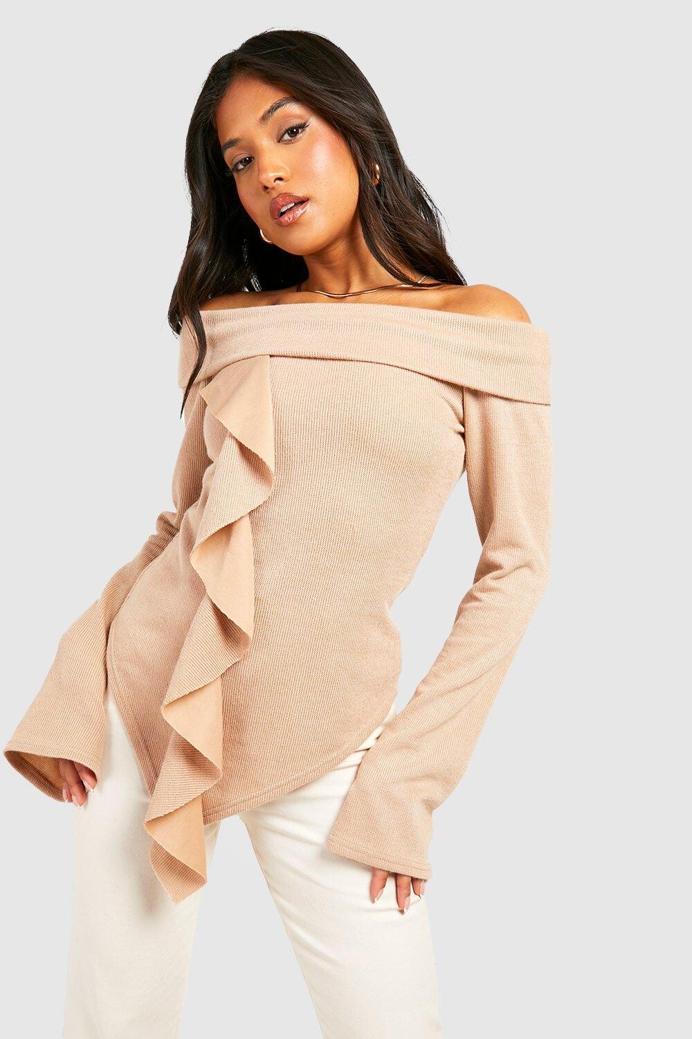 

Маленький топ с открытыми плечами и длинными рукавами Boohoo, серый