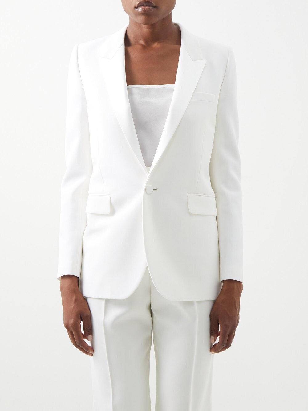 

Однобортный пиджак-смокинг из шерсти и твила Saint Laurent, белый