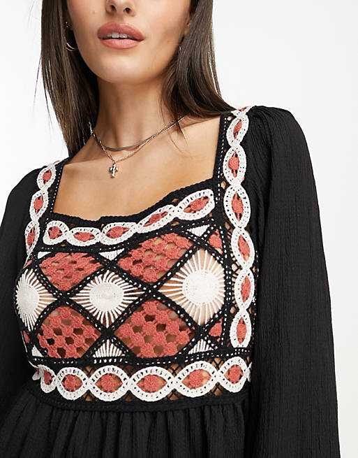 

Черное вязаное крючком платье мини с длинными рукавами ASOS DESIGN