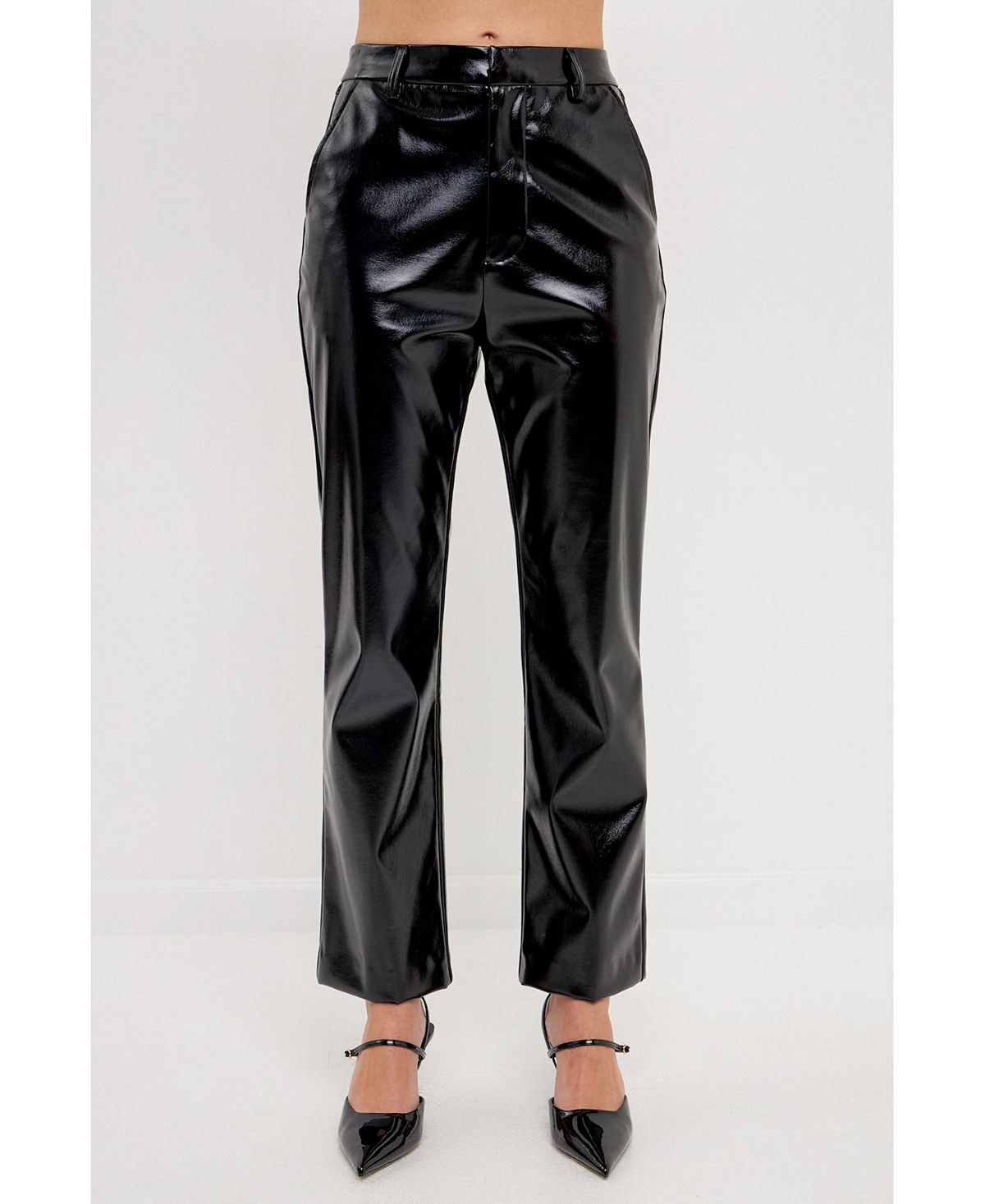 женские брюки карандаш из пу кожи с высокой талией Женские брюки из искусственной кожи с высокой талией Grey Lab, черный