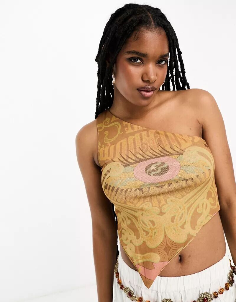 

Сетчатый топ на одно плечо ASOS Design с принтом 70-х годов