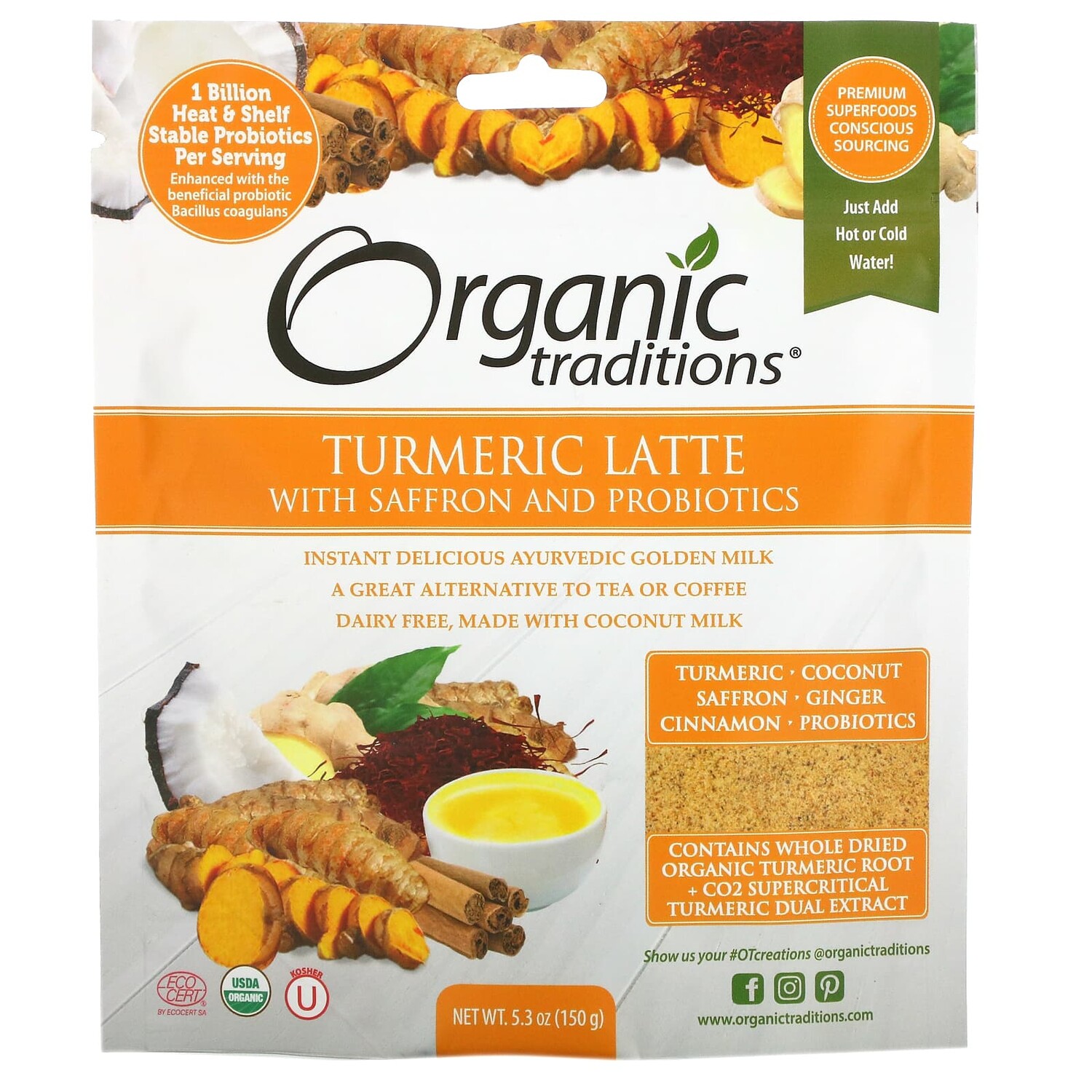 

Латте из куркумы с шафраном и пробиотиками, 150 г (5,3 унции), Organic Traditions