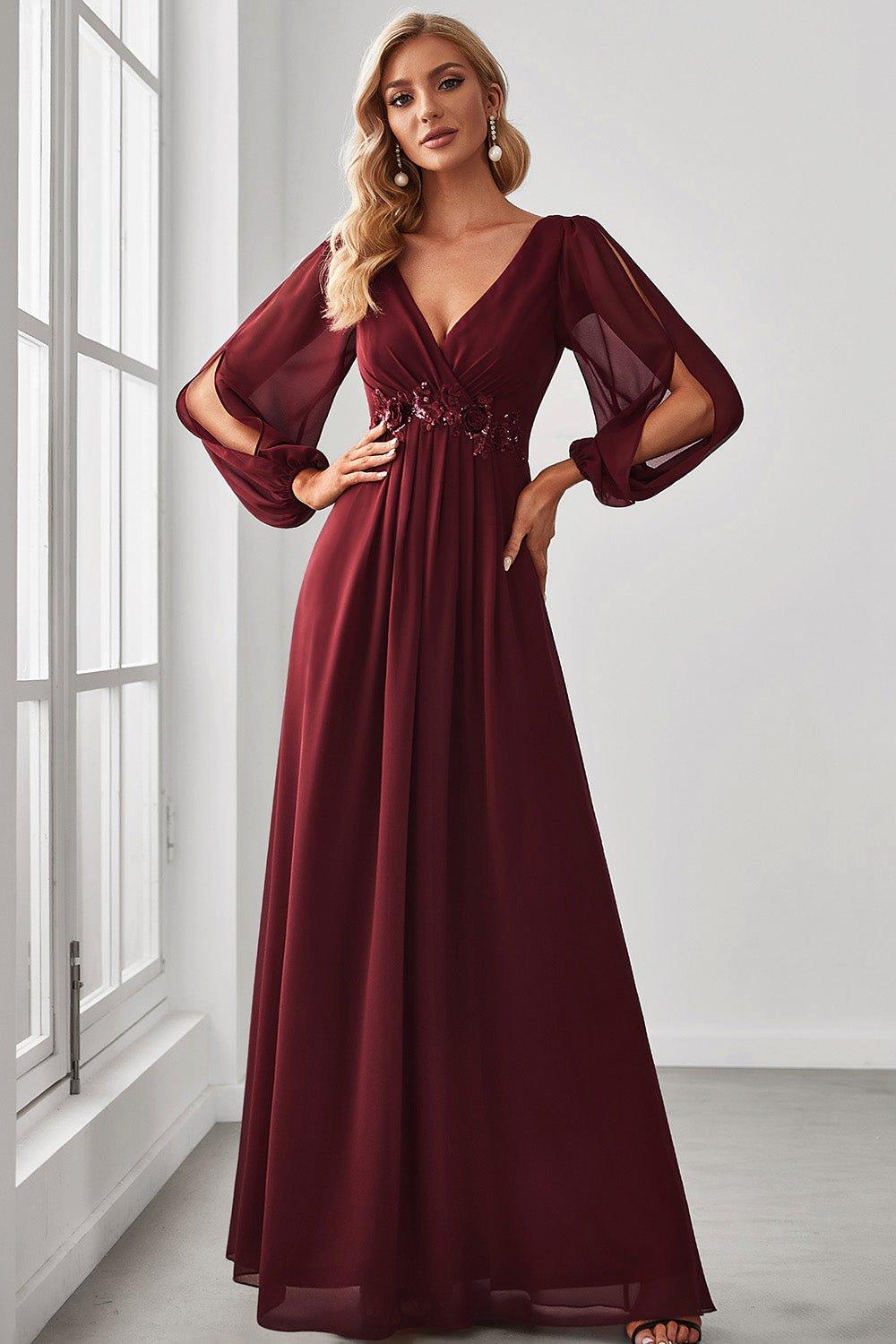 цена Вечернее платье макси с длинными рукавами-фонариками и глубоким V-образным вырезом и аппликацией Ever Pretty, красный