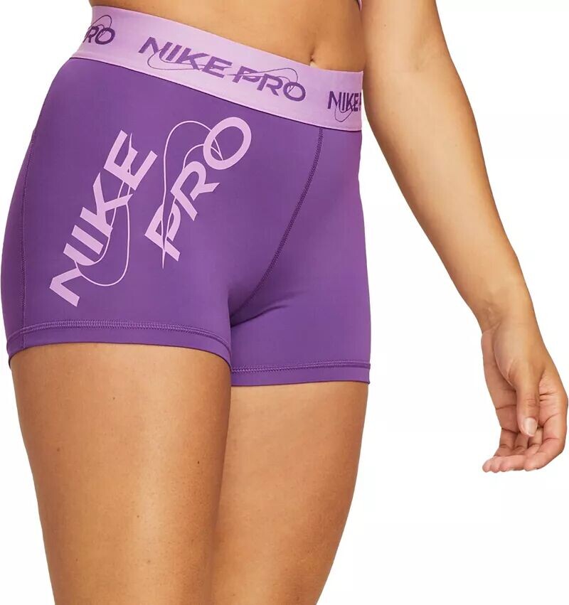 

Женские тренировочные шорты Nike Pro Dri-FIT со средней посадкой, 3 дюйма, с графическим рисунком, фиолетовый