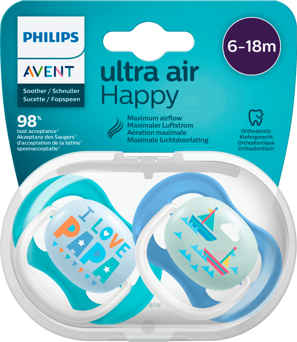 Соска Ultra Air Happy силиконовая синяя/белая 6-18 месяцев 2 шт. Philips