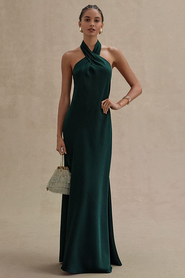 Платье Bhldn рубиновое атласное с лямкой на бретельках, dark emerald
