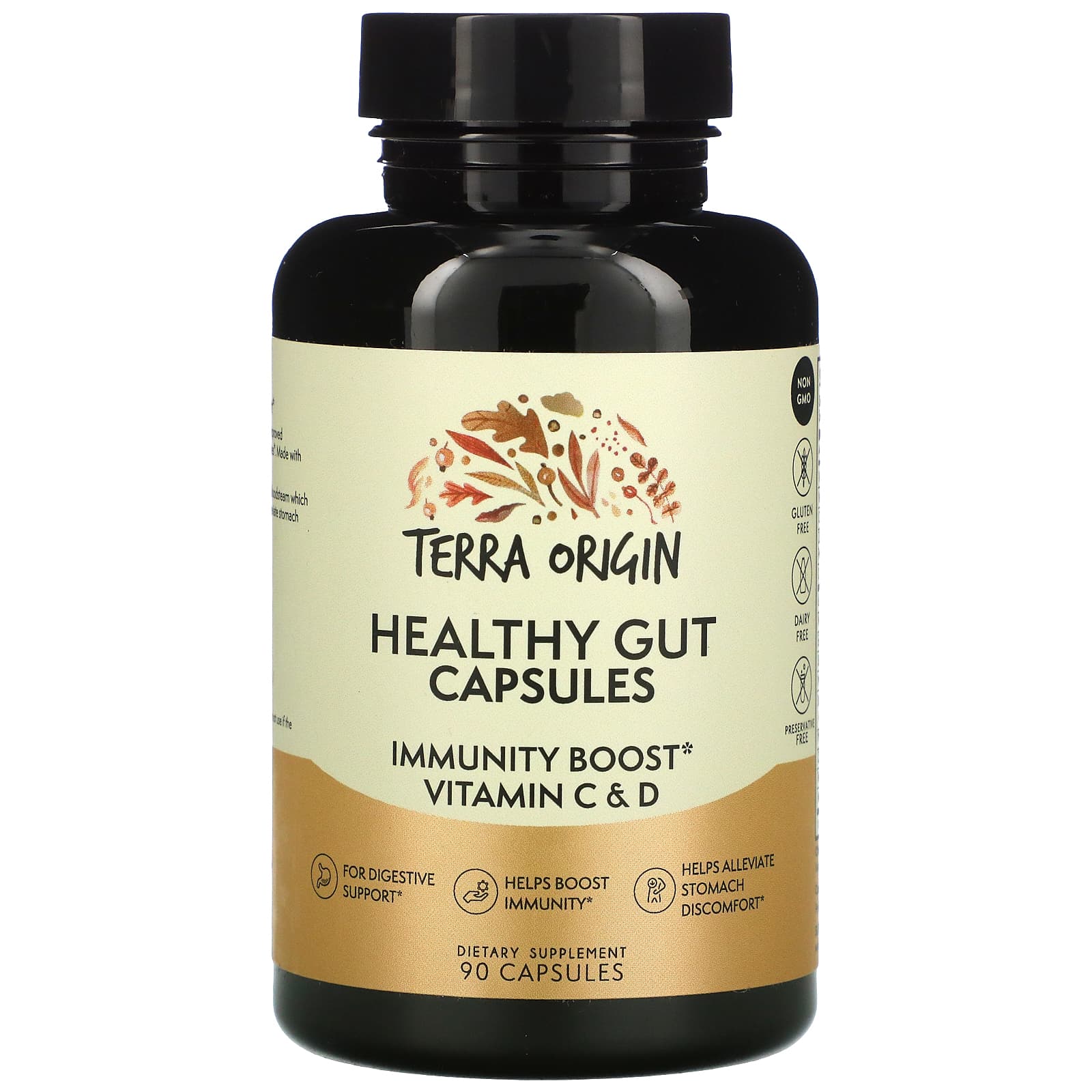 Terra Origin Healthy Gut Capsules with Immunity Boost Vitamin C & D 90 Capsules шоколад terra origin для здоровья кишечника 354 г