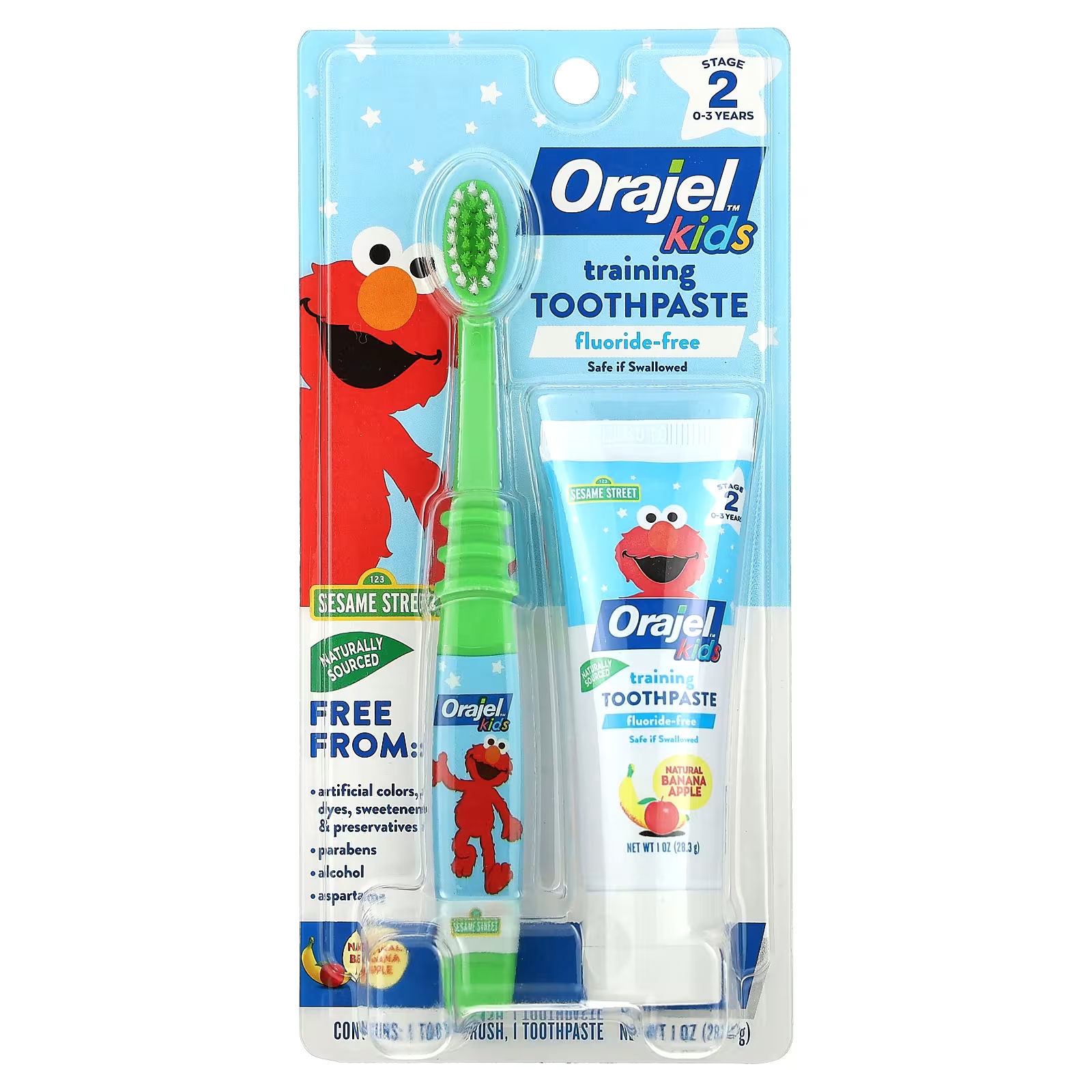 цена Зубная паста и зубная щетка Orajel Kids Elmo Training без фтора для детей 2 0–3 лет, банан, яблоко, 2 шт.