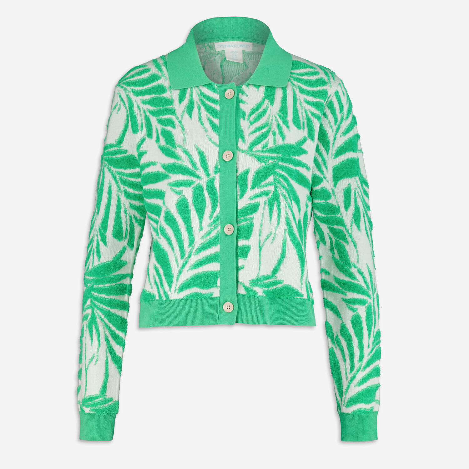 

Зелено-белый махровый кардиган с узором в виде листьев Cynthia Rowley