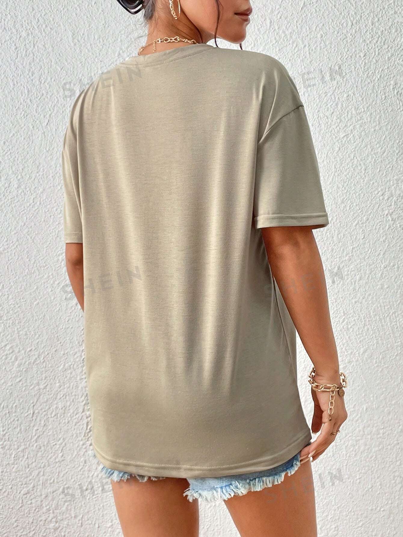 SHEIN Однотонная футболка с короткими рукавами и заниженными плечами, хаки