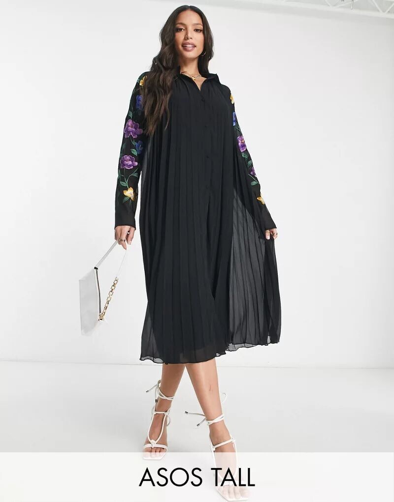 

Черное плиссированное платье-рубашка миди с вышитыми рукавами ASOS DESIGN Tall