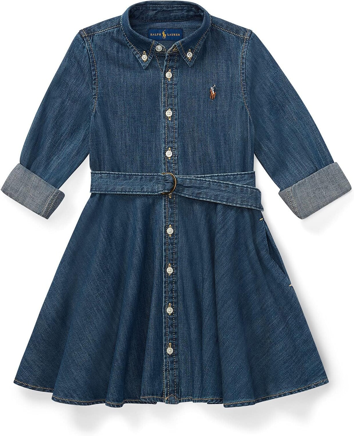 

Хлопковое джинсовое платье-рубашка с поясом (для малышей) Polo Ralph Lauren, цвет Indigo