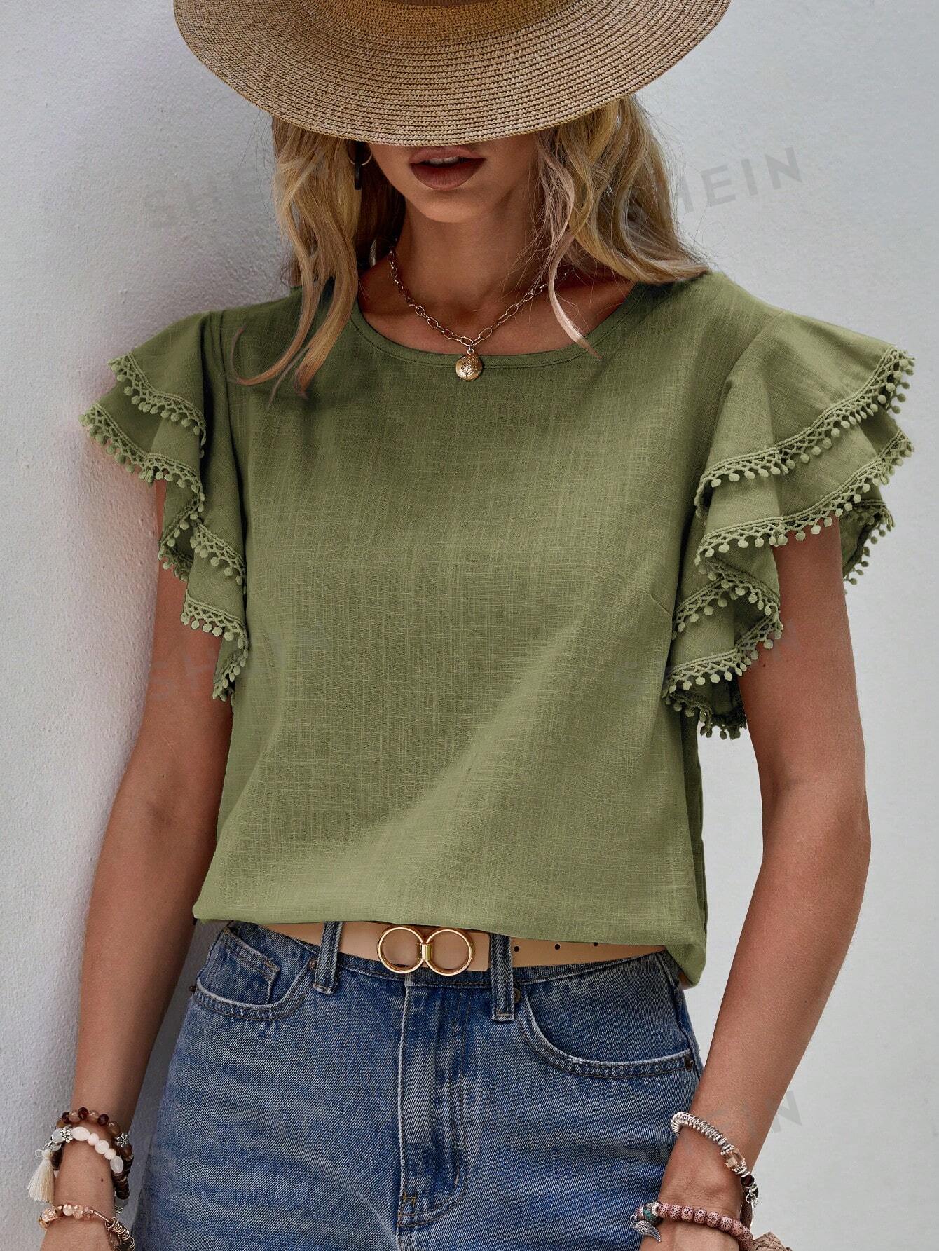 SHEIN LUNE Однотонная рубашка с короткими рукавами и круглым вырезом, мятно-зеленый