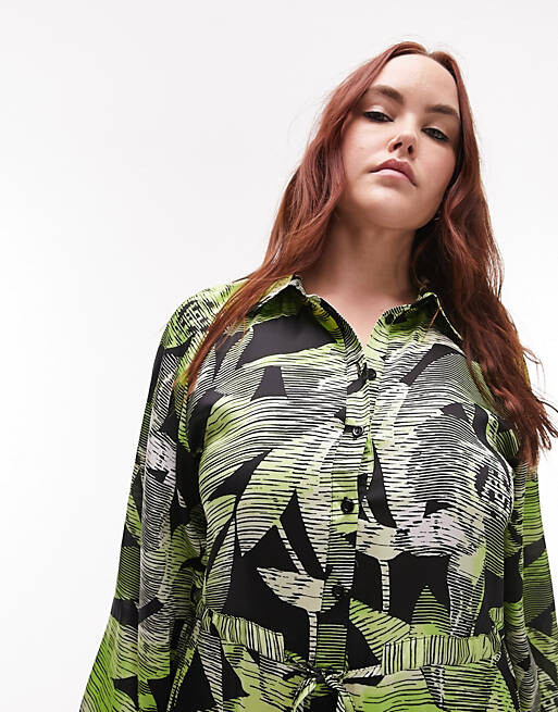 

Зеленое платье-рубашка миди с завязкой на талии Topshop Curve