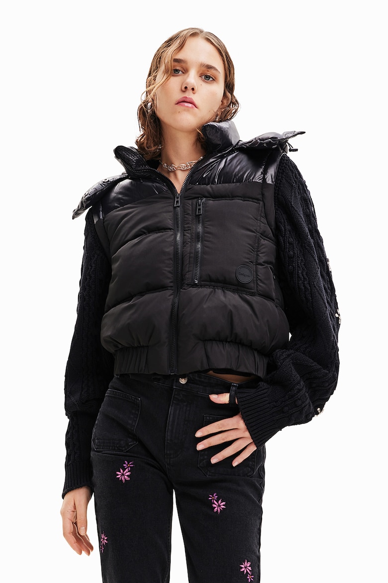Стеганая зимняя куртка с трикотажными поясами Desigual, черный стеганая зимняя куртка средней длины с капюшоном desigual черный
