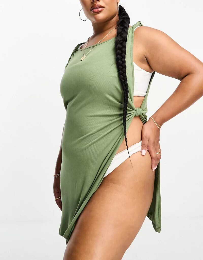 

Пляжное платье цвета хаки в рубчик с узлом ASOS DESIGN Curve