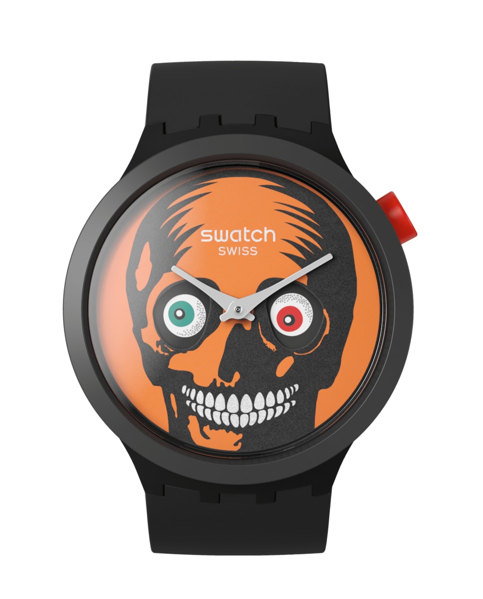 Часы «Это жуткое время» с черным силиконовым ремешком Swatch, черный