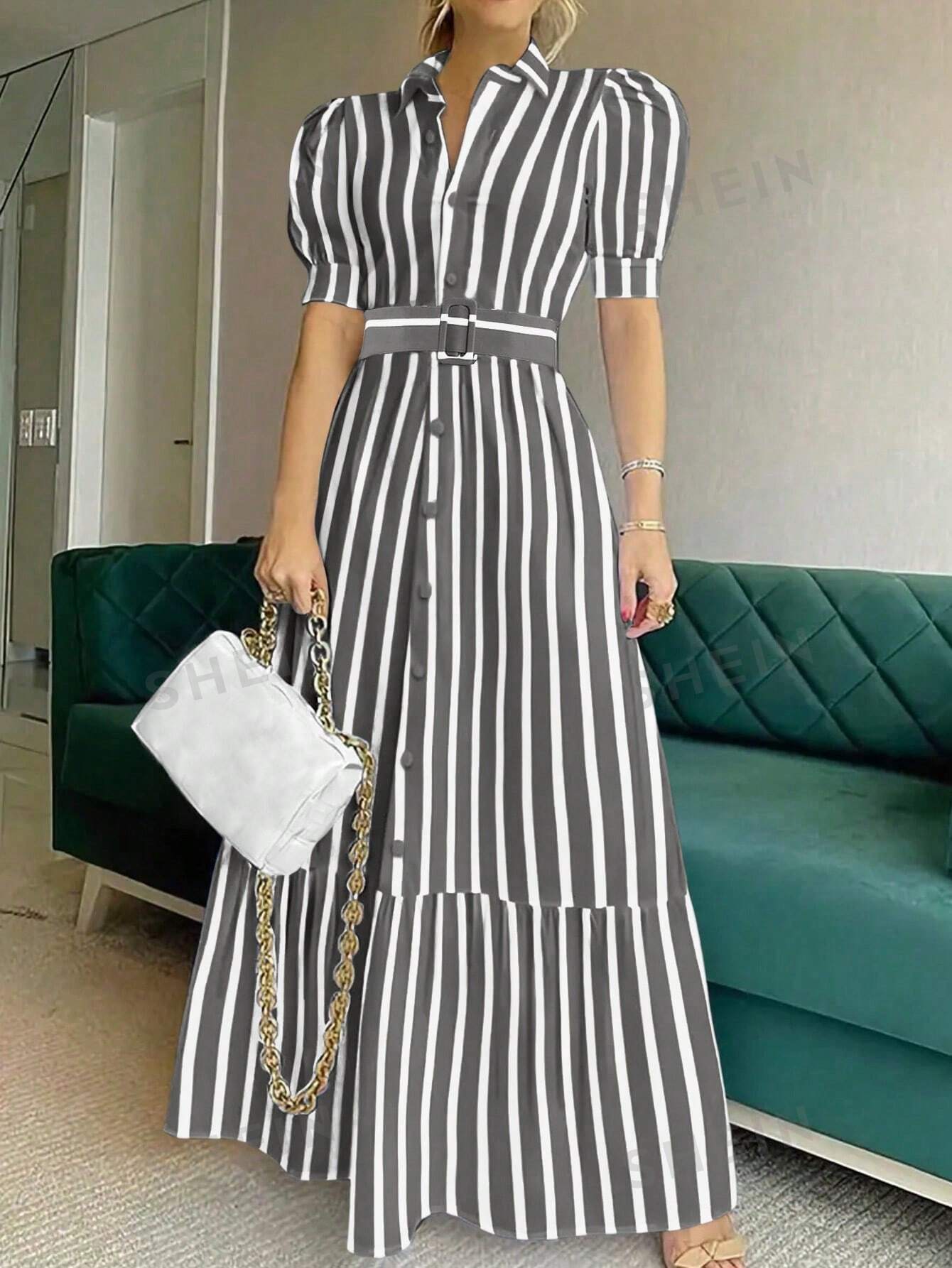 цена SHEIN Privé Платье-рубашка в полоску с объемными рукавами и поясом, серый